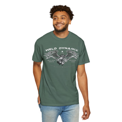 WD Relaxed fit T-Shirt: Medium-heavy weight (6.1  oz/yd² material) - WD Eagle 8-2025 Design Front, Flexlinc Back - Shirt brand: Comfort Colors 1717