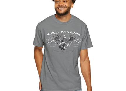 WD Relaxed fit T-Shirt: Medium-heavy weight (6.1  oz/yd² material) - WD Eagle 8-2025 Design Front, Flexlinc Back - Shirt brand: Comfort Colors 1717