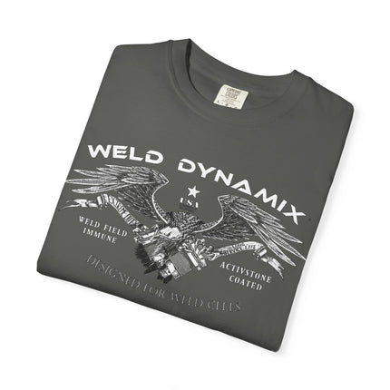WD Relaxed fit T-Shirt: Medium-heavy weight (6.1  oz/yd² material) - WD Eagle 8-2025 Design Front, Flexlinc Back - Shirt brand: Comfort Colors 1717