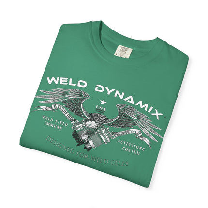WD Relaxed fit T-Shirt: Medium-heavy weight (6.1  oz/yd² material) - WD Eagle 8-2025 Design Front, Flexlinc Back - Shirt brand: Comfort Colors 1717