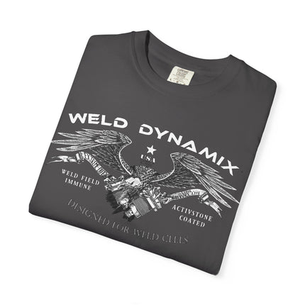 WD Relaxed fit T-Shirt: Medium-heavy weight (6.1  oz/yd² material) - WD Eagle 8-2025 Design Front, Flexlinc Back - Shirt brand: Comfort Colors 1717