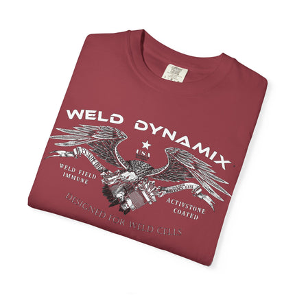 WD Relaxed fit T-Shirt: Medium-heavy weight (6.1  oz/yd² material) - WD Eagle 8-2025 Design Front, Flexlinc Back - Shirt brand: Comfort Colors 1717