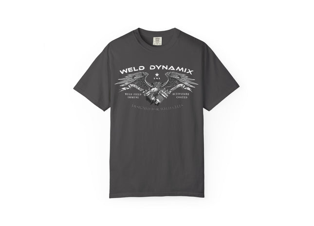 WD Relaxed fit T-Shirt: Medium-heavy weight (6.1  oz/yd² material) - WD Eagle 8-2025 Design Front, Flexlinc Back - Shirt brand: Comfort Colors 1717