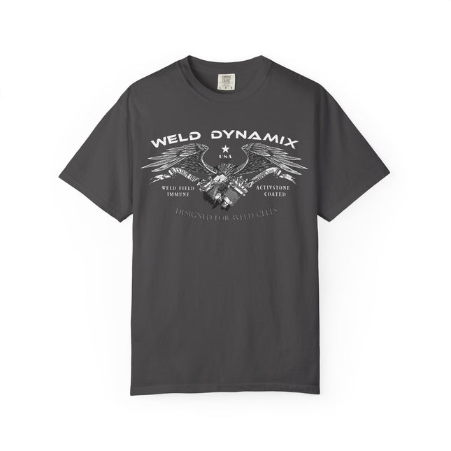 WD Relaxed fit T-Shirt: Medium-heavy weight (6.1  oz/yd² material) - WD Eagle 8-2025 Design Front, Flexlinc Back - Shirt brand: Comfort Colors 1717