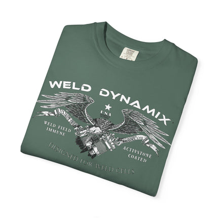 WD Relaxed fit T-Shirt: Medium-heavy weight (6.1  oz/yd² material) - WD Eagle 8-2025 Design Front, Flexlinc Back - Shirt brand: Comfort Colors 1717