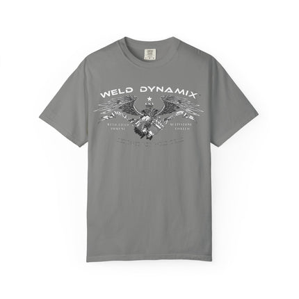 WD Relaxed fit T-Shirt: Medium-heavy weight (6.1  oz/yd² material) - WD Eagle 8-2025 Design Front, Flexlinc Back - Shirt brand: Comfort Colors 1717