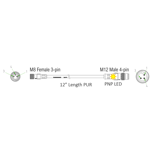 #WCC-8F12M300 Cable: M8 Female 3Pin to M12 Male 4 Pin LED (PNP)